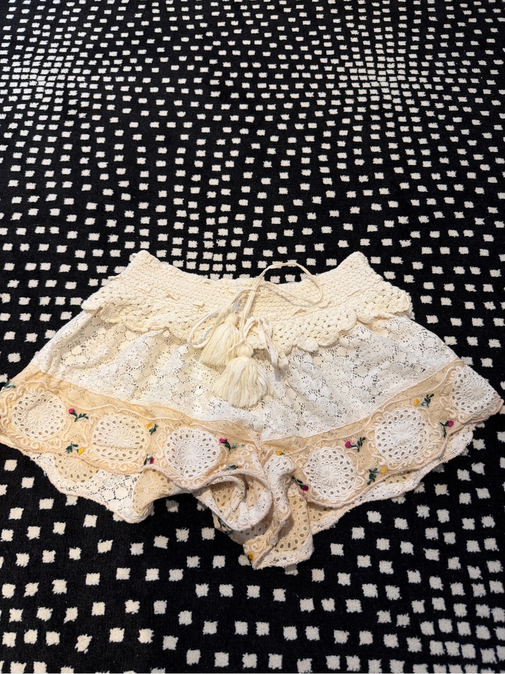 Cream Crochet Lace Shorts with Tassel Waist